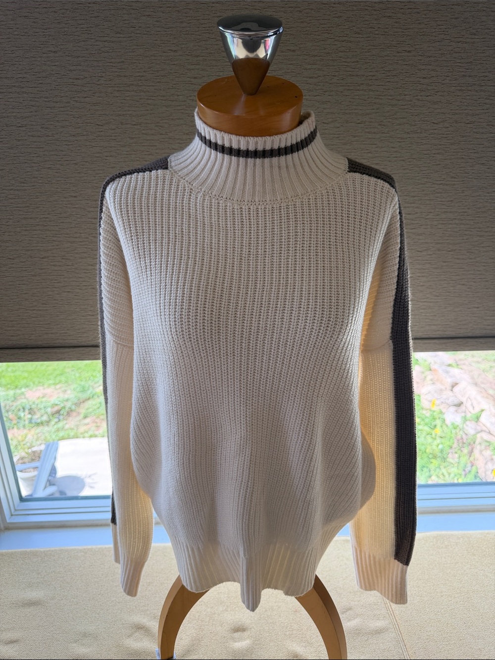 Sanctuary Cream Turtleneck Sweater with Gray Shoulder Stripes